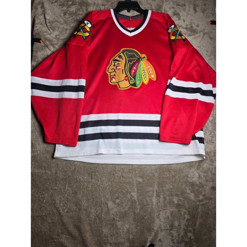 Vintage CCM Chicago Blackhawks Hockey Jersey Red Maska XL NHL Mens Striped